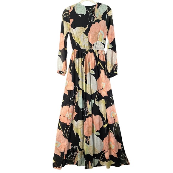 Lulus Wrap Maxi Dress XS Black Floral Print Wondrous Water Lilies Long Sleeve - Picture 4 of 12